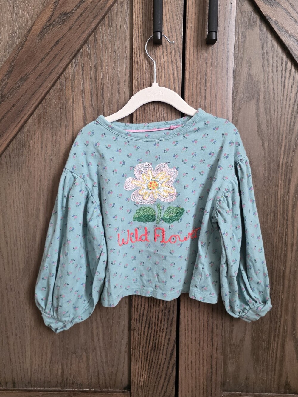 Mini Boden Light Teal Puff-Sleeve 'Wild Flower' Embroidered Top
